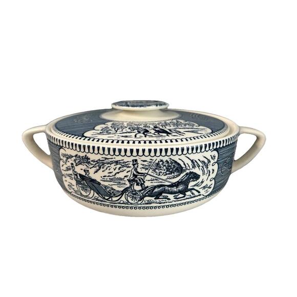 Vintage Royal Currier & Ives Blue White Ironstone Covered Casserole Dish Handles - Picture 1 of 14